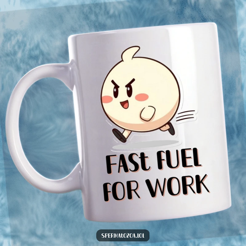 Funny mug featuring a small, round character zipping past with a determined, cheerful expression, embodying speed and joy.