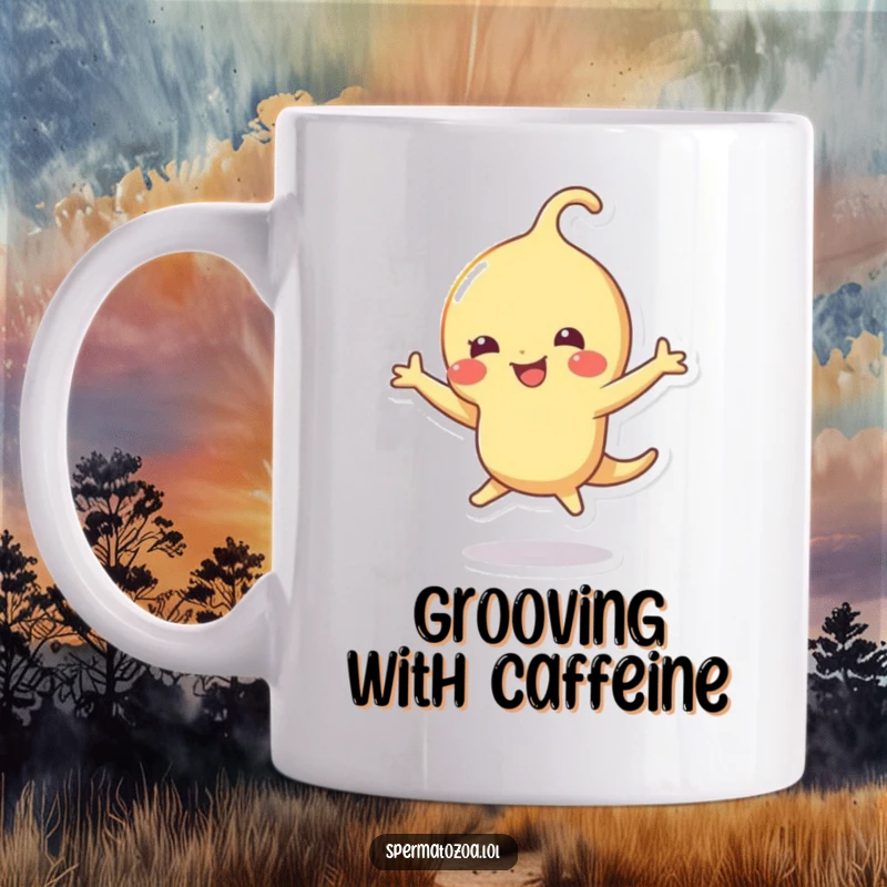 Funny sperm mug with a tiny sperm character joyfully dancing with excitement, spreading happiness and humor.