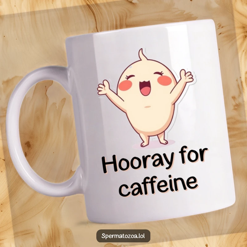 Funny Sperm Cheer Mug: Tiny sperm character enthusiastically cheering with arms raised high, a celebratory funny gift.