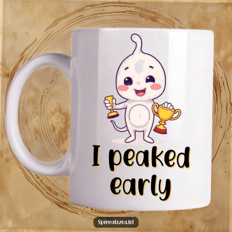 Funny sperm mug with a tiny sperm character proudly holding a miniature trophy, celebrating a special achievement with a triumphant smile.