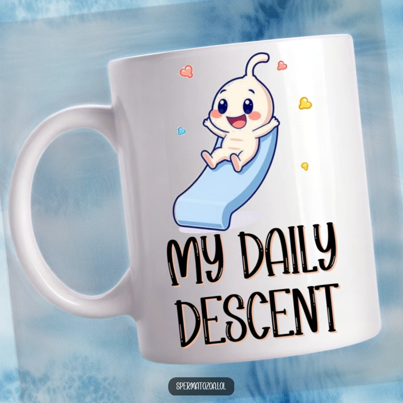 Funny Sperm Slide Mug: A tiny sperm character joyfully sliding down a slide with pure glee, a hilarious funny gift.