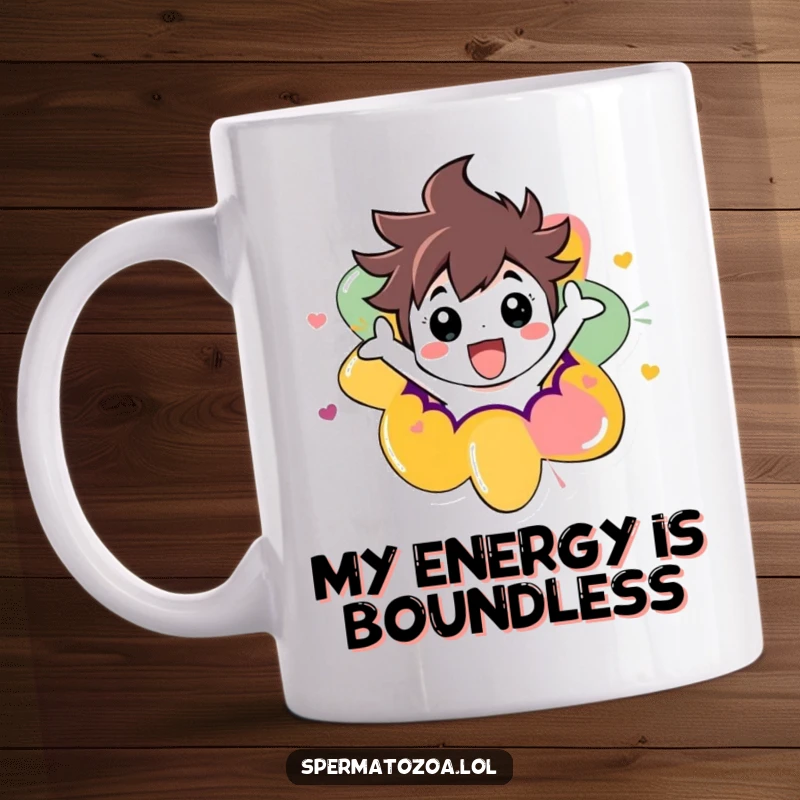 Funny mug with a happy character bursting excitedly out of a psychedelic, colorful abstract shape, symbolizing freedom and joy.