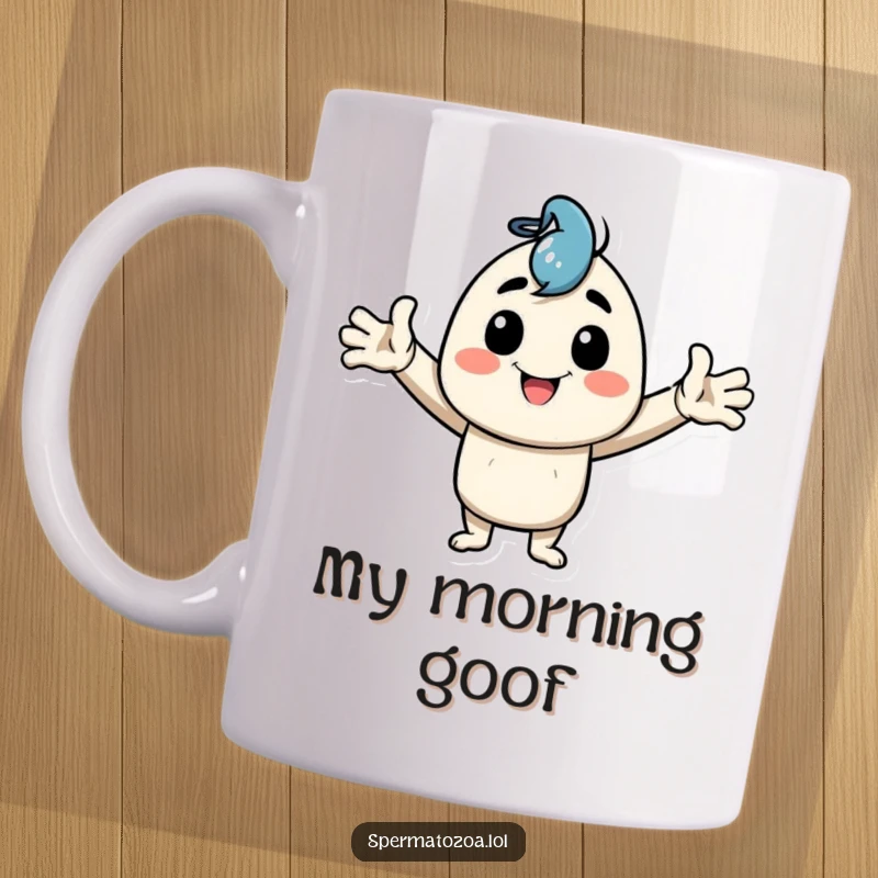Funny Mug featuring a happy character striking a goofy pose with arms wide open, radiating pure joy and humor.