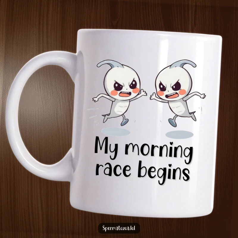 Funny Sperm Race Mug: Determined tiny sperm characters sprinting with hilarious intensity, a unique and funny gift.