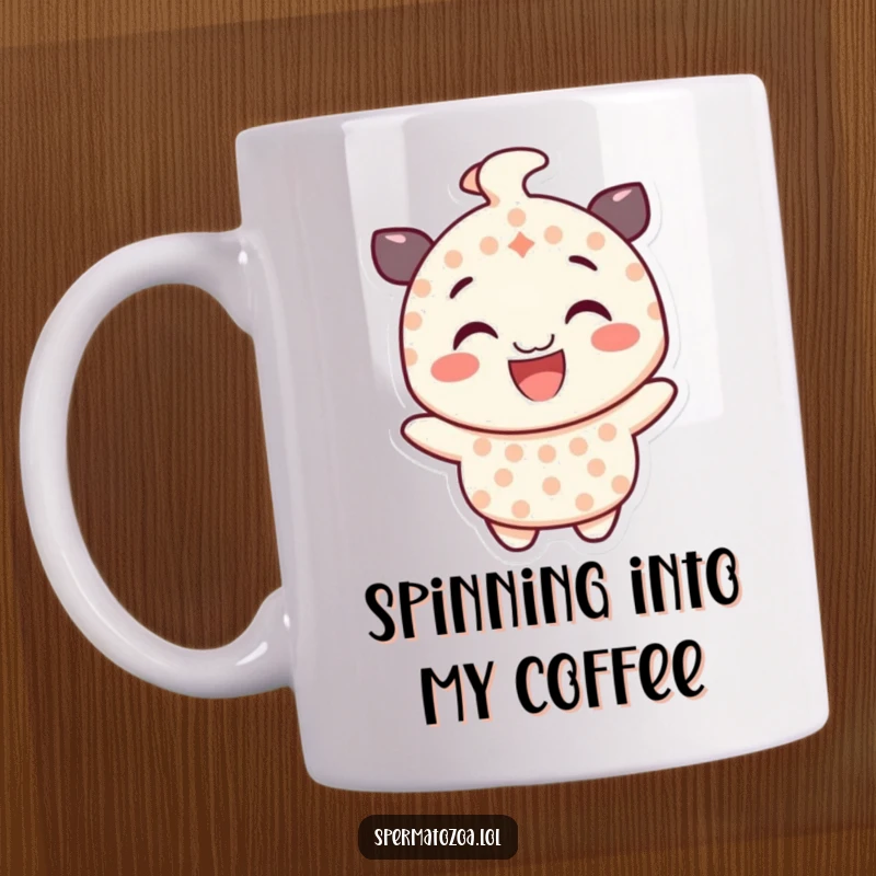 Funny smiling character mug with dotted pattern, gleefully spinning, conveying pure joy and energetic movement.
