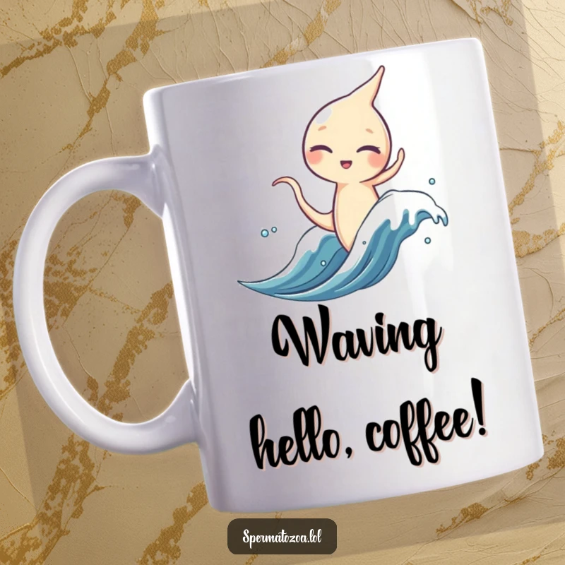 Funny sperm character winking while riding a microscopic wave, embodying adventure and humor.