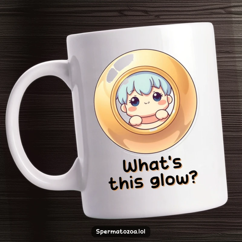 Funny mug featuring a curious character peeking from behind a glossy, round object, emphasizing intrigue and discovery.