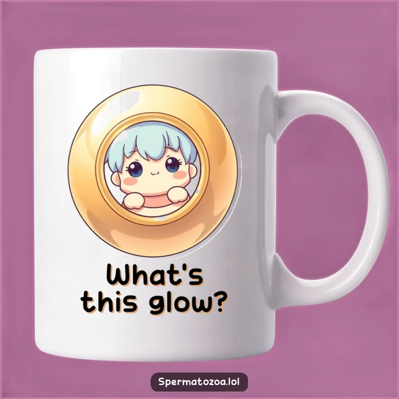 Funny Mug: Curious Character Peeking Behind Shiny Circle - Whimsical Funny Gift