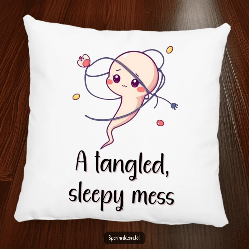 Funny sperm character pillow, comically tangled in a microscopic strand, soft and humorous cushion.