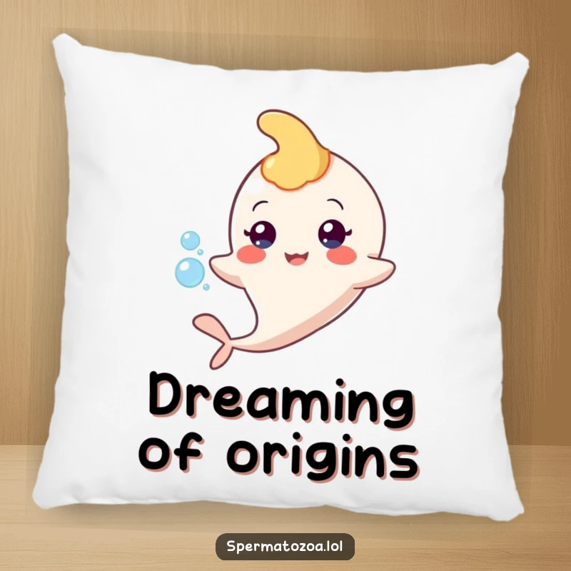 Funny sperm character pillow, floating peacefully with a bubble, soft and humorous decor.
