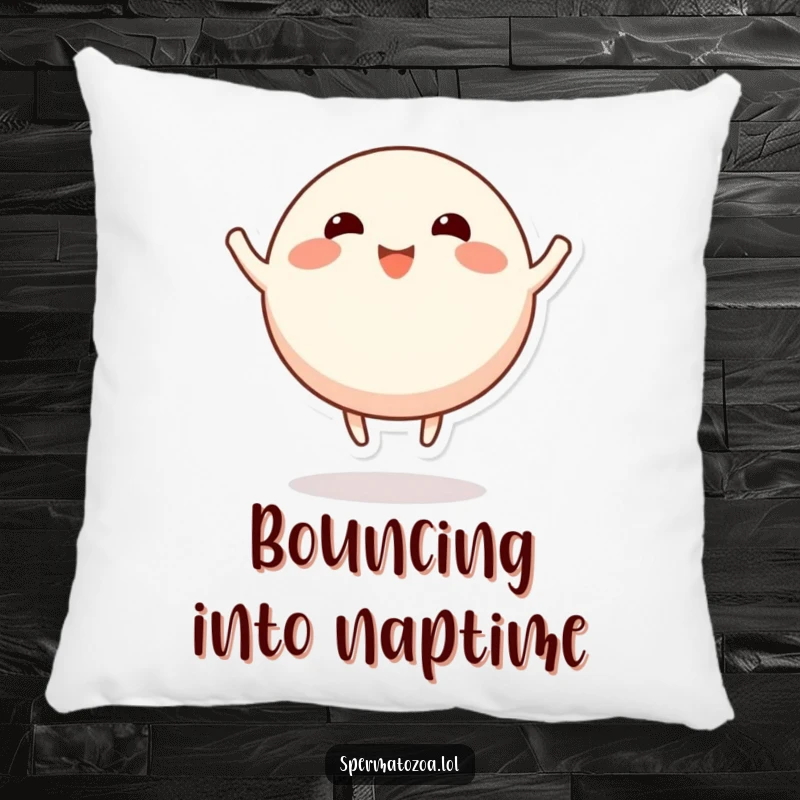 Funny round character pillow, stubby limbs bouncing happily, offering comfortable and humorous decor.