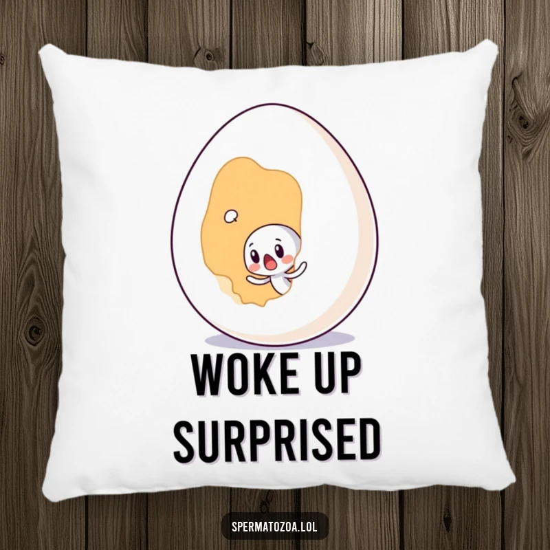 Funny tiny sperm character surprised by a giant egg, creating a soft and humorous accent pillow.
