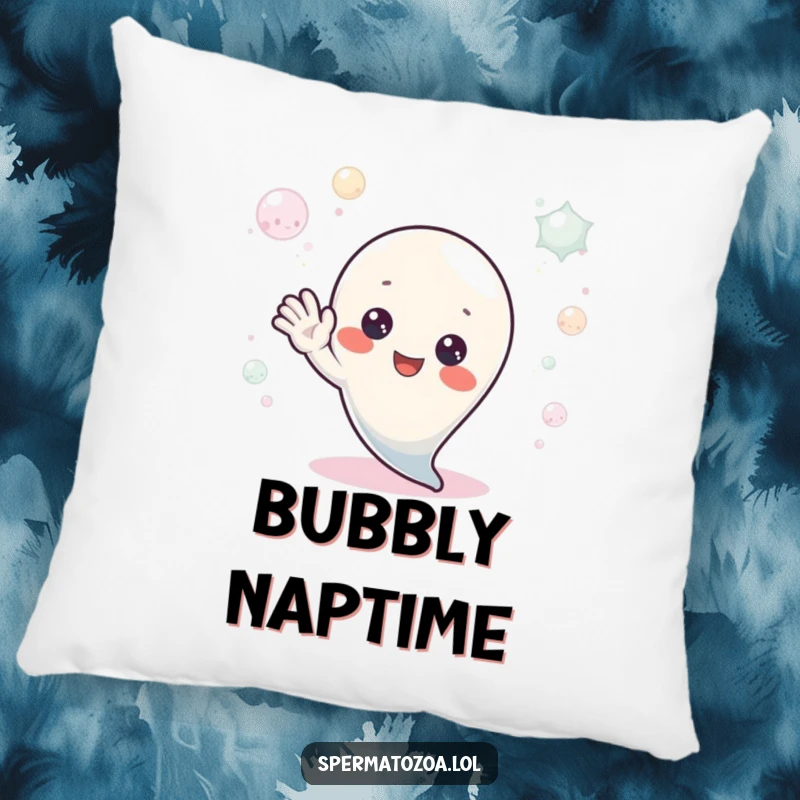 Funny Pillow: A tiny sperm character waves hello from a bubbly setting, offering soft comfort and a humorous, friendly greeting.