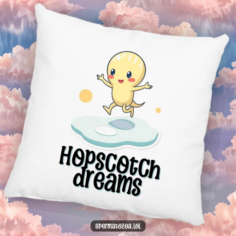 Funny Pillow: A tiny sperm character plays hopscotch on abstract shapes, offering soft comfort and a humorous, playful design.