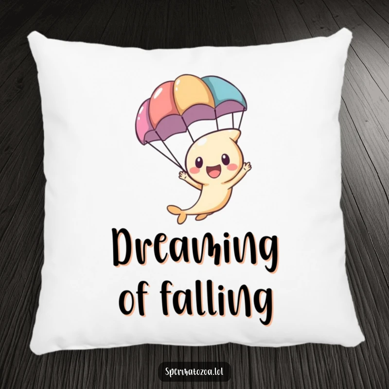 Funny tiny sperm character excitedly zooming with a parachute, creating a soft and adventurous accent pillow.
