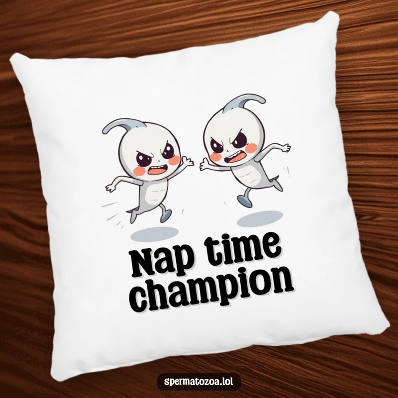 Funny Sperm Race Pillow: Soft pillow showcasing determined tiny sperm characters engaged in a comical race, perfect funny gift.