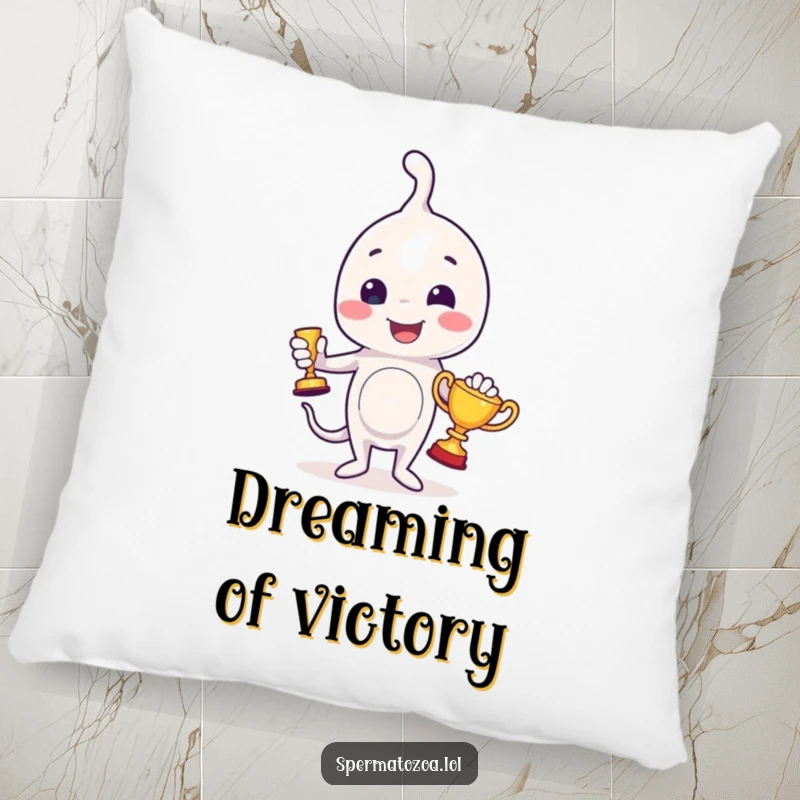 Funny sperm pillow with a joyful sperm character holding a small trophy, adding a touch of humor and warmth to any space.