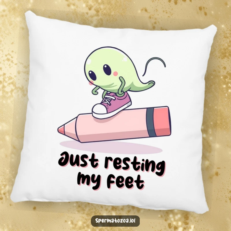 Funny sperm cell pillow with oversized shoes tripping over a giant pink eraser, providing soft comfort and comical mishap humor.