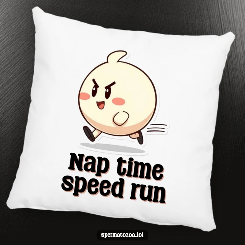 Funny zippy character pillow featuring a small, round character zipping past with determined cheer, offering soft comfort.