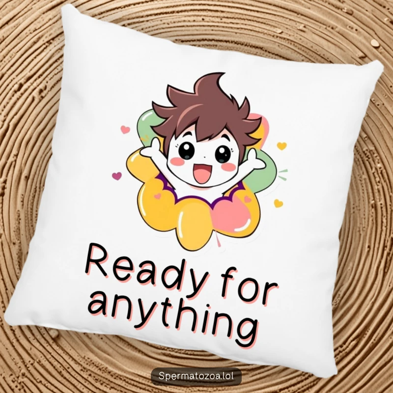 Funny pillow featuring a character excitedly emerging from a colorful abstract shape, adding a playful and humorous accent to any room.