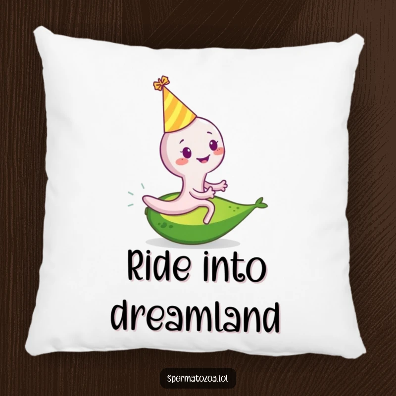 Funny sperm cell pillow with a smiling sperm in a party hat riding a rolling avocado, providing soft, festive comfort.