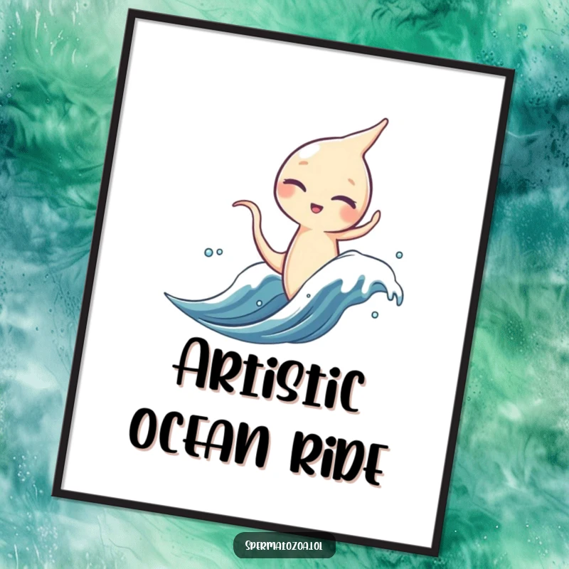 Funny sperm character winking while riding a microscopic wave digital art print, cool and humorous wall decor.