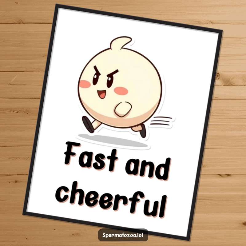 Funny zippy character digital art print of a small, round character zipping past with determined cheer, adding energy.