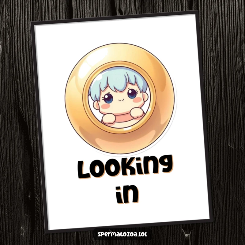 Funny digital art print of a curious character peeking from behind a shiny, circular object, adding whimsy to walls.