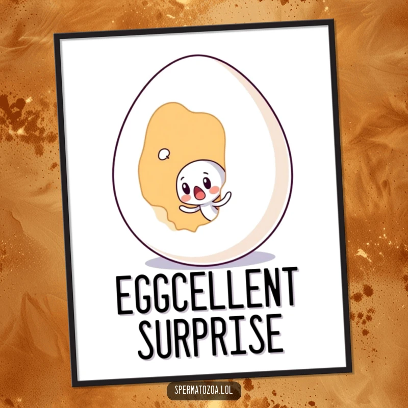 Funny tiny sperm character surprised by a giant egg, available as a downloadable digital art print.