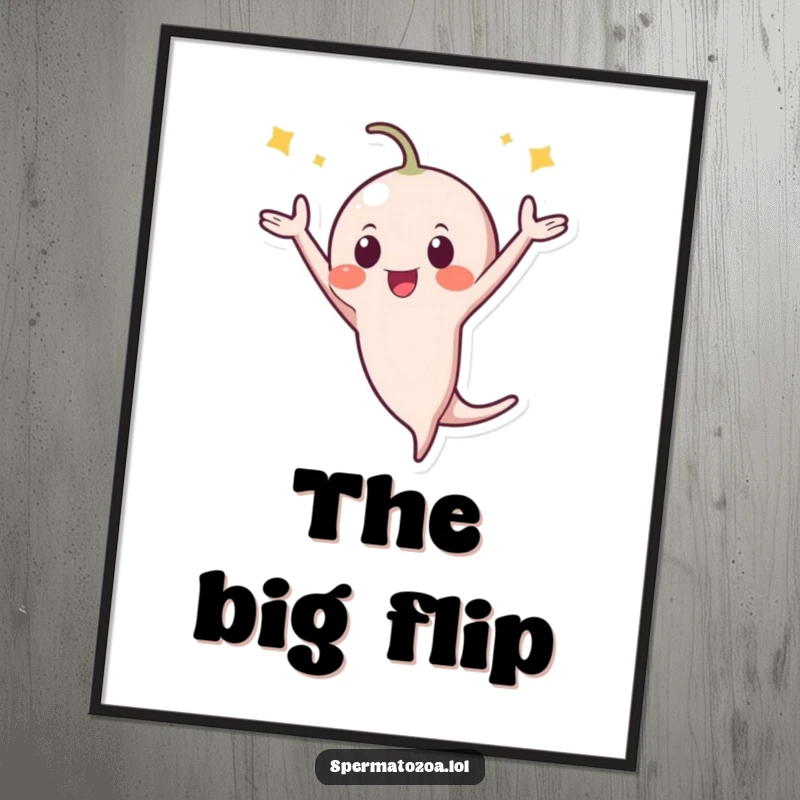 Funny Digital Art Print: A tiny sperm character performs an exuberant celebratory flip, symbolizing vitality and new beginnings in a humorous artwork.