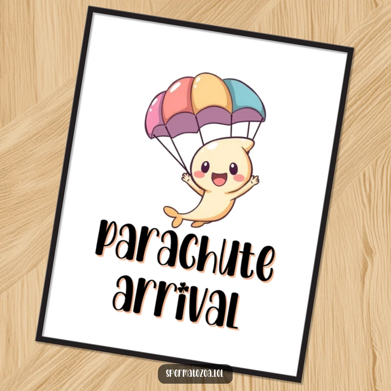 Funny tiny sperm character excitedly zooming with a parachute, available as a downloadable digital art print.