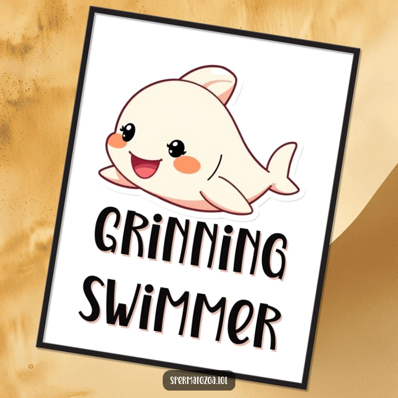 Funny Digital Art Print of a tiny character enthusiastically swimming with a determined grin, symbolizing perseverance and humor.