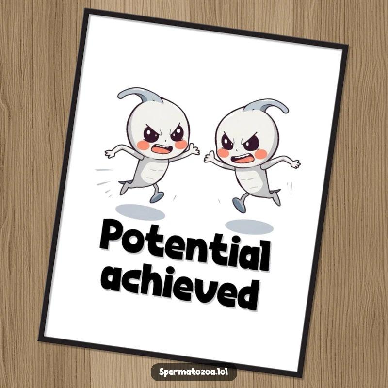 Funny Sperm Race Digital Art Print: Determined tiny sperm characters in a comical race, ready to bring funny vibes.