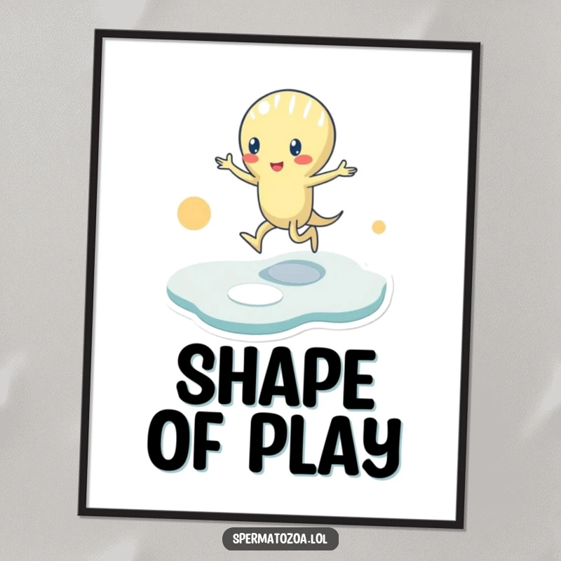Funny Digital Art Print: A tiny sperm character plays hopscotch on abstract shapes, symbolizing playful energy and fun in a humorous artwork.