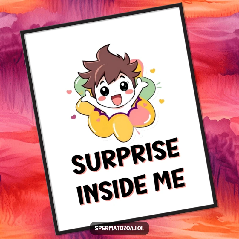 Funny digital art print of a character ecstatically bursting out of a colorful abstract shape, conveying pure joy and energy.