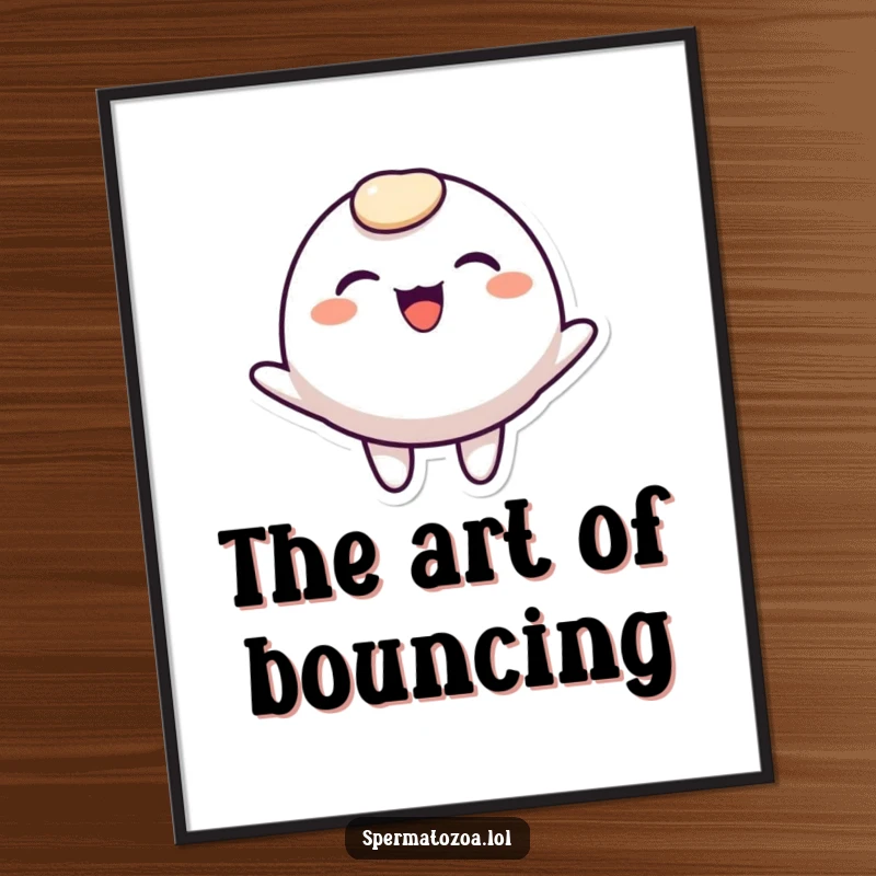 Funny rounded character digital art print, smiling widely and bouncing joyfully, downloadable humor for instant decor.