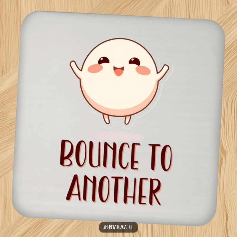 Funny round character coaster, stubby limbs bouncing happily, protecting surfaces with energetic humor.