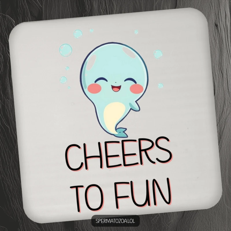 Funny drink coasters showing a sperm character giggling, surrounded by small bubbles, bringing a playful touch to beverage service.