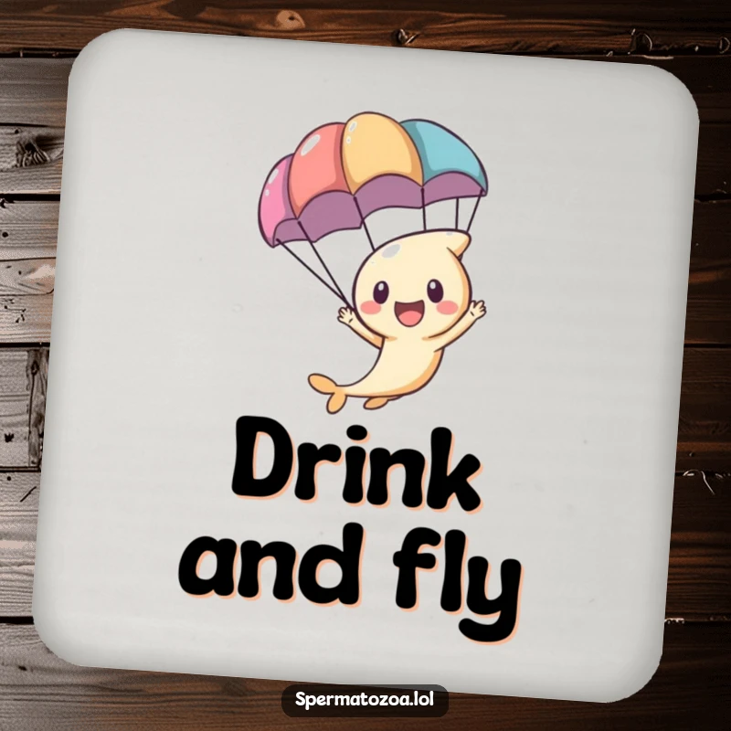 Funny tiny sperm character zooming with a parachute, on a drink coaster for adventurous table protection.