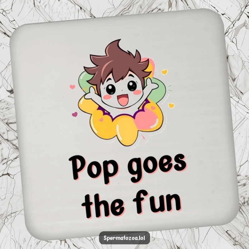 Funny drink coaster with a character bursting excitedly out of a colorful abstract shape, adding a touch of humor to tabletops.