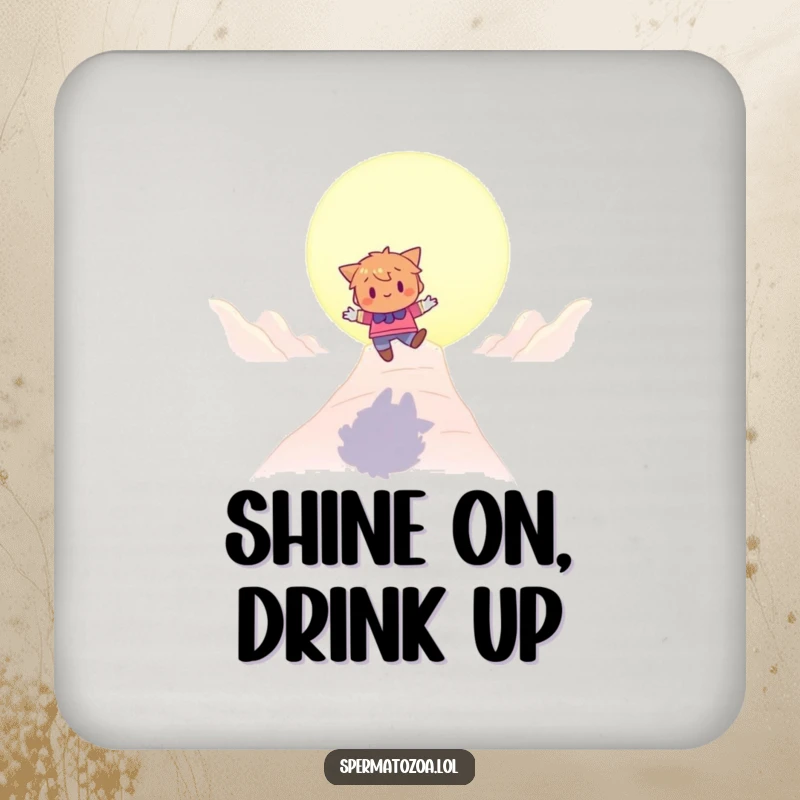 Funny bouncing character coaster with a character playfully bouncing towards a glowing destination, protecting surfaces with hope.