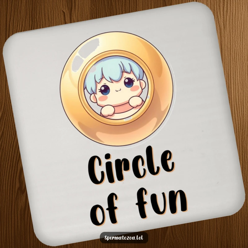 Funny coaster with a curious character peeking from behind a shiny, circular object, protecting tables with humor.