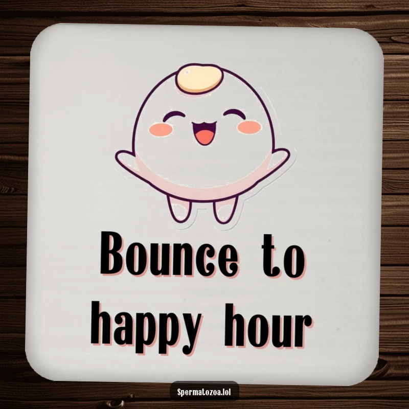 Funny rounded character coaster, smiling and bouncing joyfully, protecting surfaces with cheerful humor.
