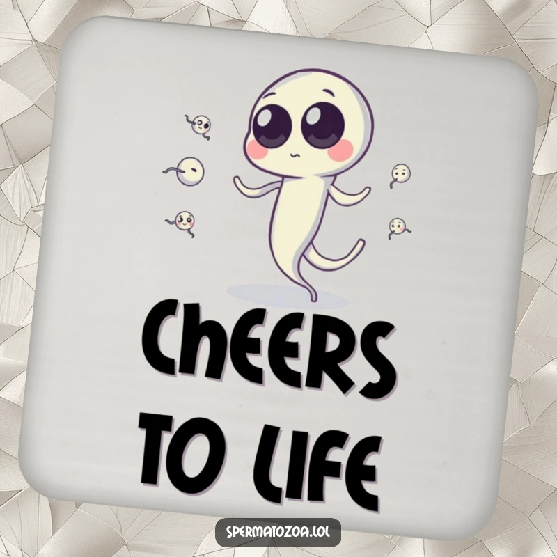 Funny sperm cell drink coaster with googly eyes juggling tiny sperm cells using its tail, protecting surfaces with humor.