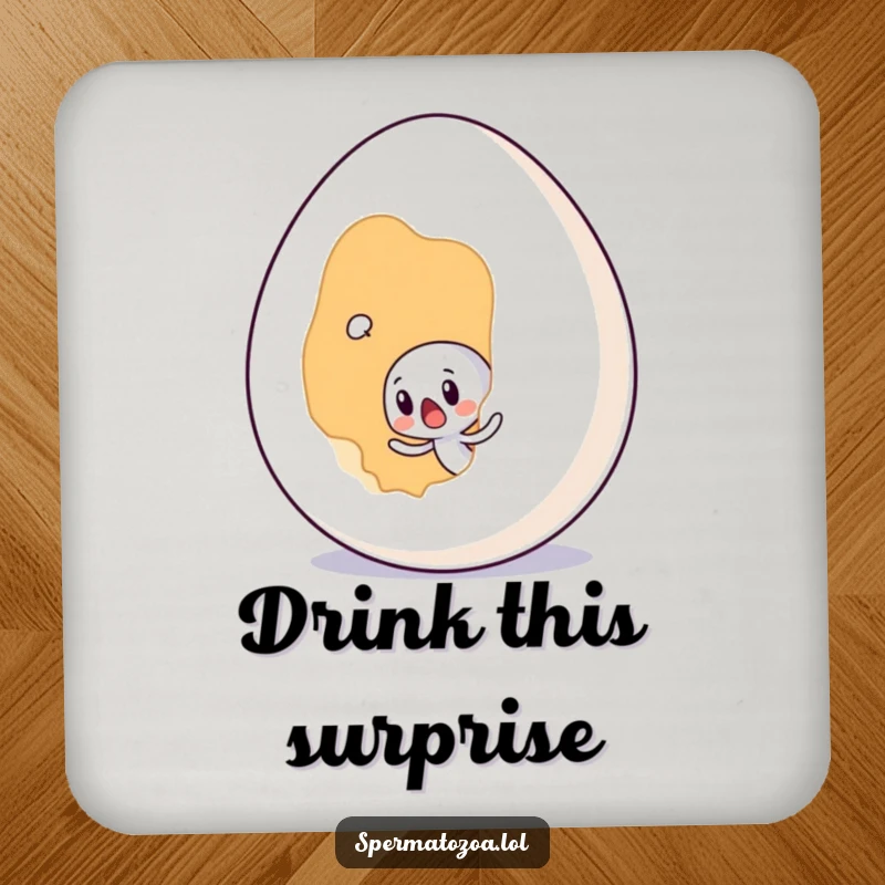 Funny tiny sperm character surprised by a giant egg, on a drink coaster for humorous table protection.