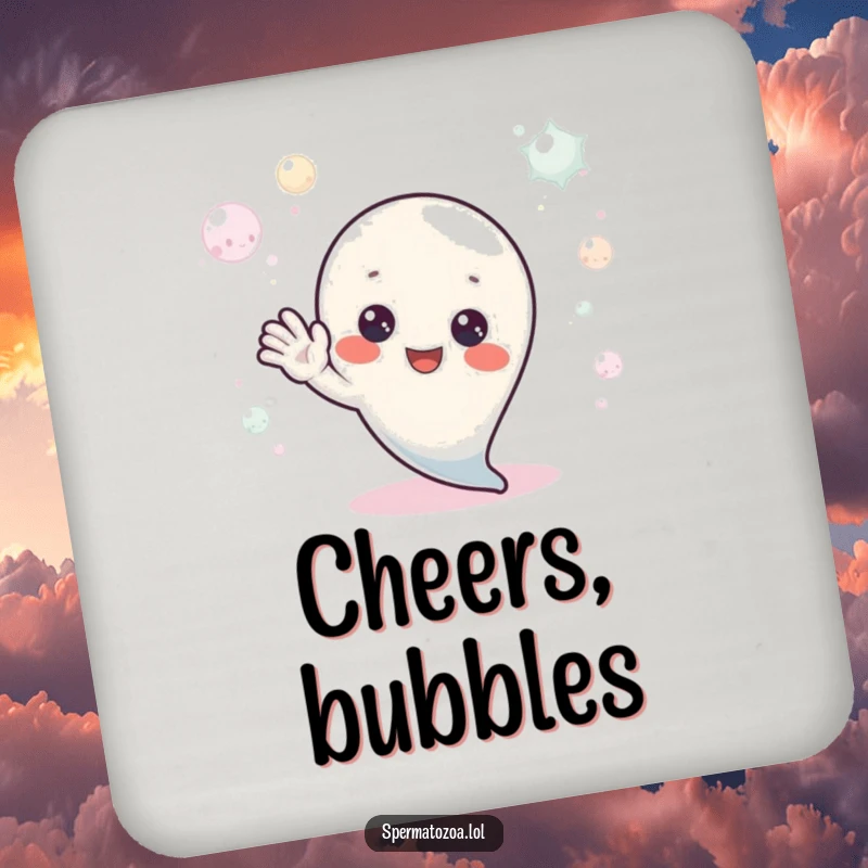 Funny Coaster: A tiny sperm character waves hello from a bubbly environment, perfect for protecting surfaces with a dose of playful humor.