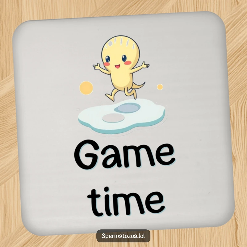 Funny Coaster: A tiny sperm character plays hopscotch on abstract shapes, perfect for protecting surfaces with a dose of playful humor.