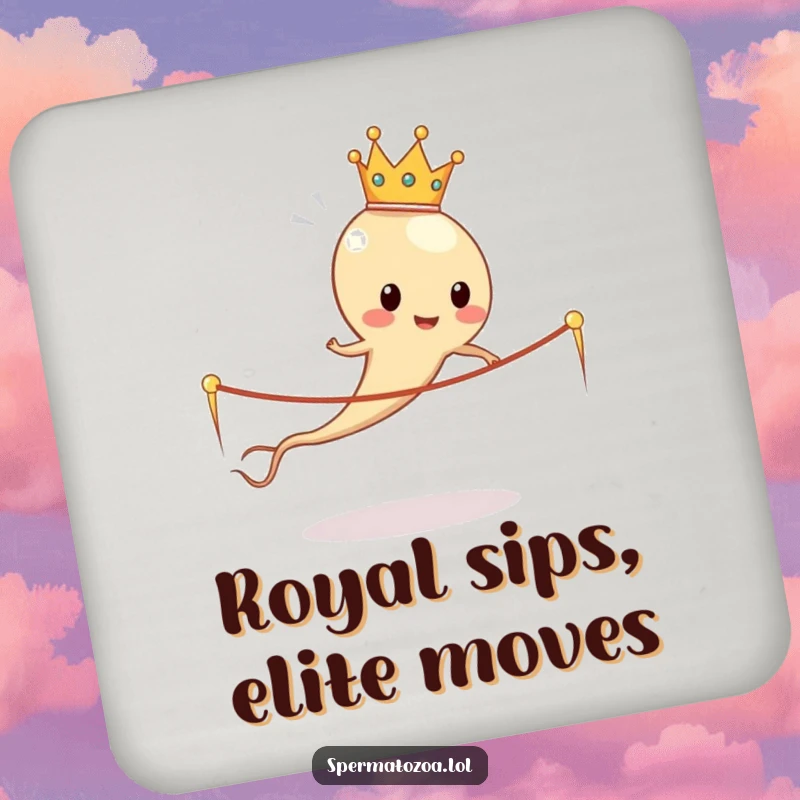 Funny sperm cell king with crown skipping rope made of sperm tails, humorous coasters protecting surfaces with a laugh.
