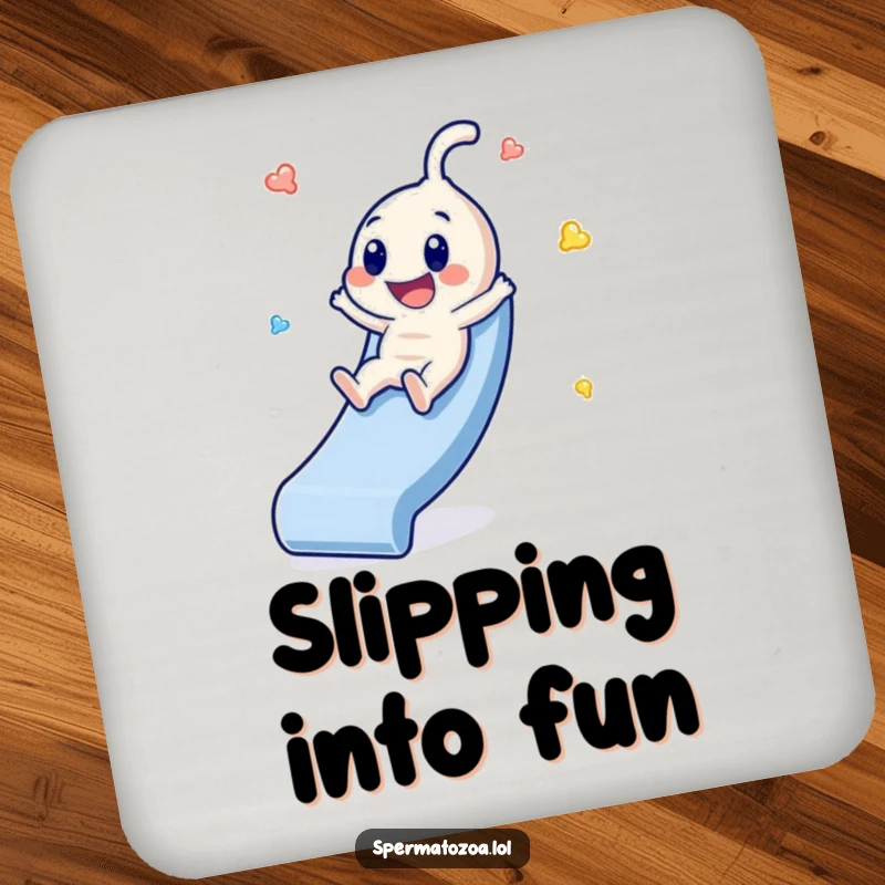 Funny Sperm Slide Coasters: Tiny sperm character sliding gleefully, providing humorous and practical funny gift protection.