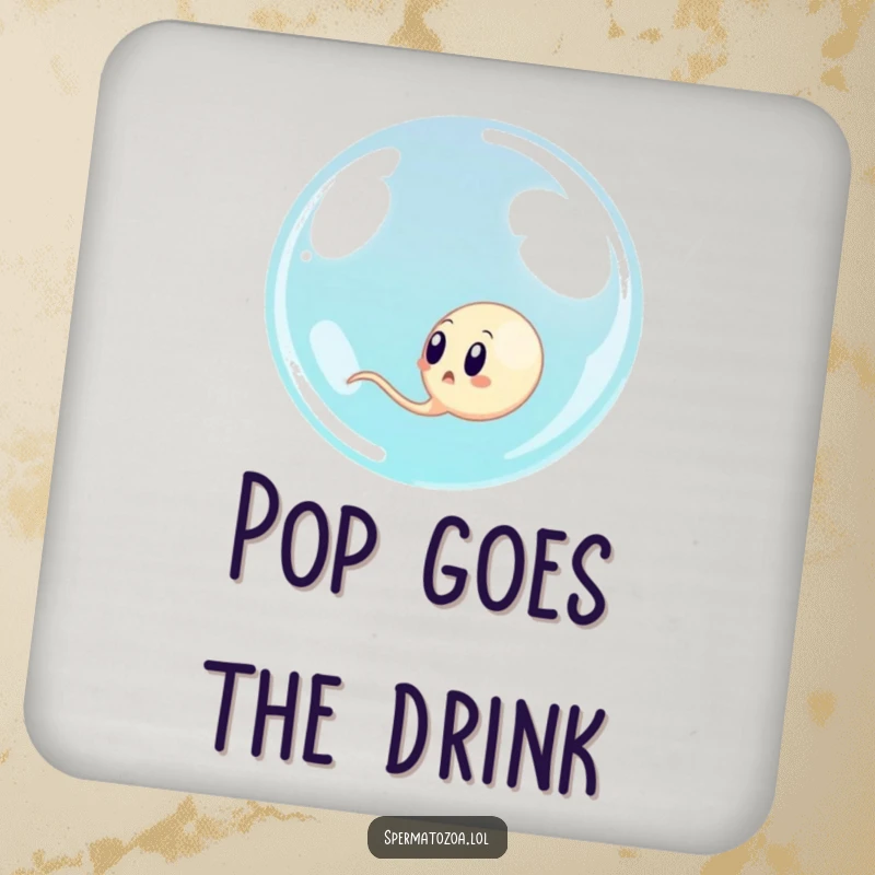 Funny sperm cell surprised by a giant bubble, humorous coasters to protect surfaces with a laugh.